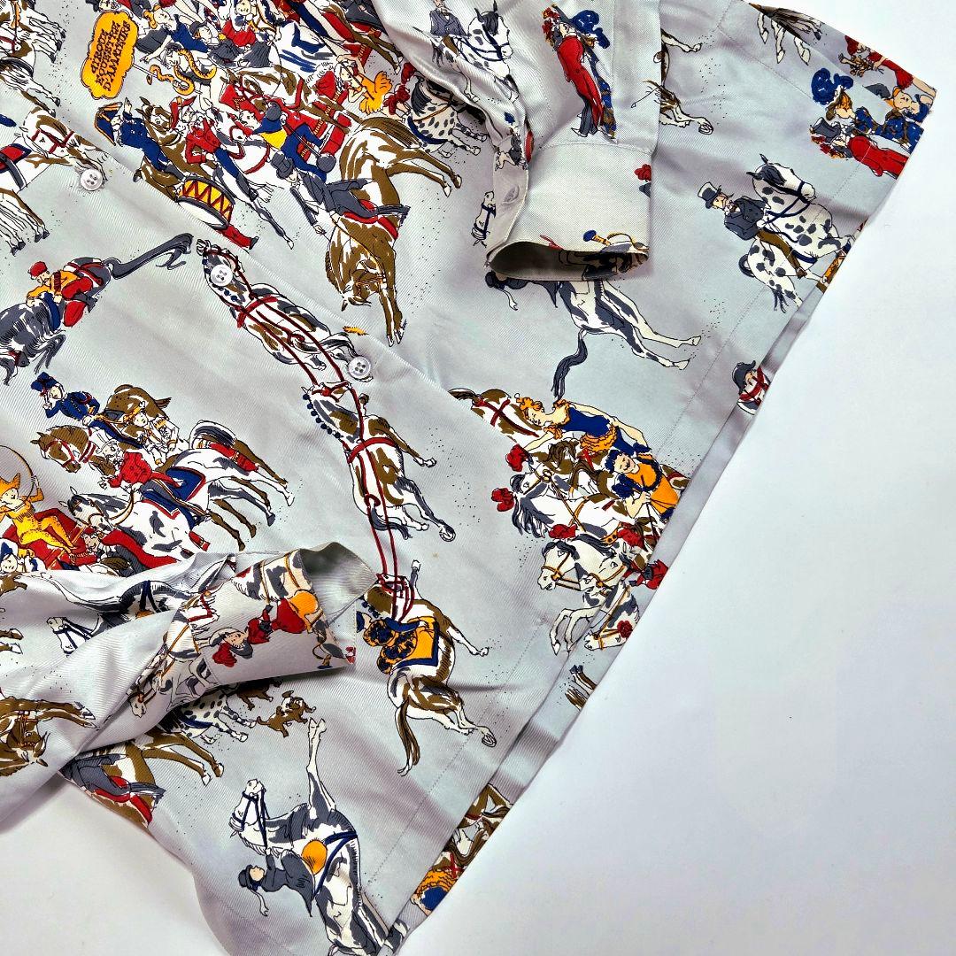 HERMES エルメス シルクシャツ 38 馬柄 サーカス 動物 ブルー系 長袖
