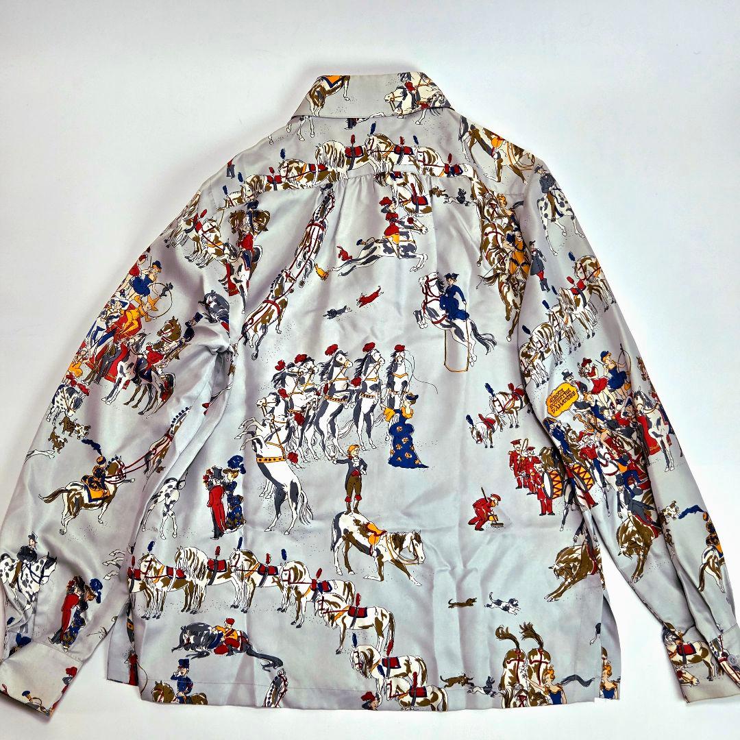 HERMES エルメス シルクシャツ 38 馬柄 サーカス 動物 ブルー系 長袖