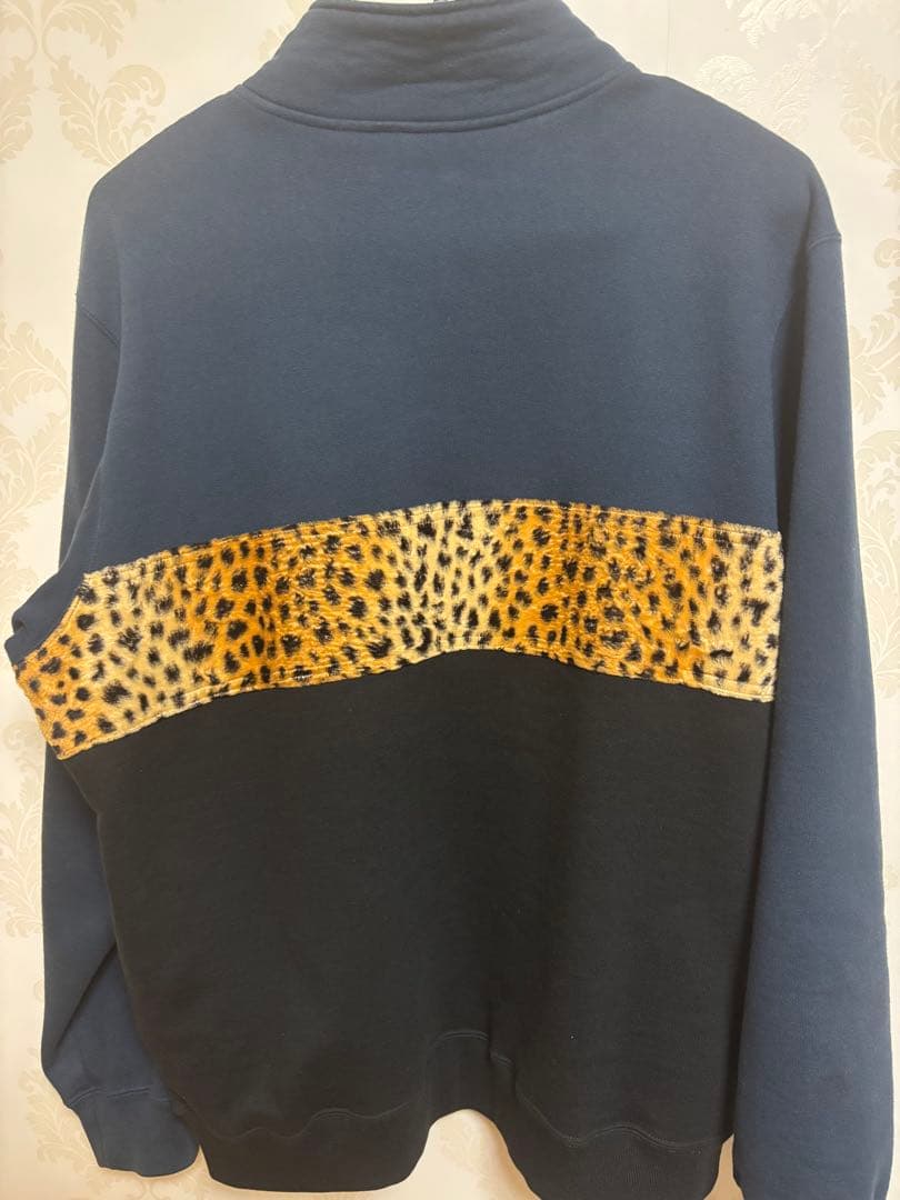 Supreme レオパード切替 ハーフジップ スウェット M ネイビー