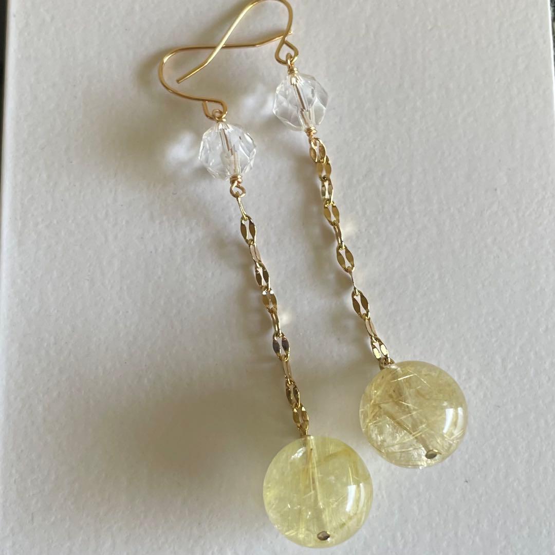 596re ゴールドルチル　ブラジル産水晶　ピアス