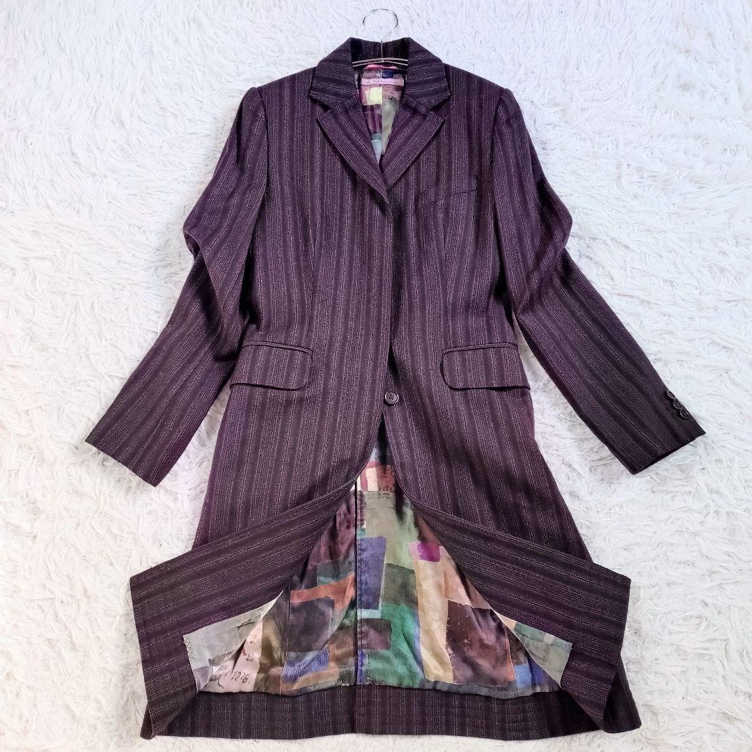 【派手】PS Paul Smith　チェスターコート　裏地総柄　花刺繍　赤焦茶