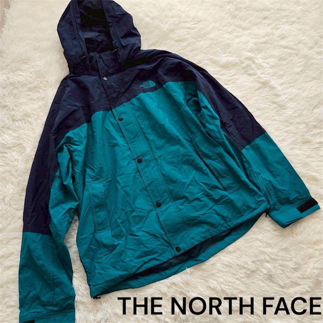 【ザ・ノースフェイス】 XL マウンテンパーカー ネイビー×グリーン フード付き