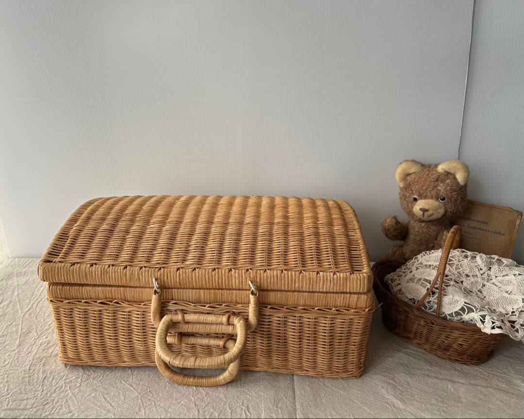 アンティーク　籐編みバスケット　カゴ　かご　パニエ　古道具　ビンテージ　トランク