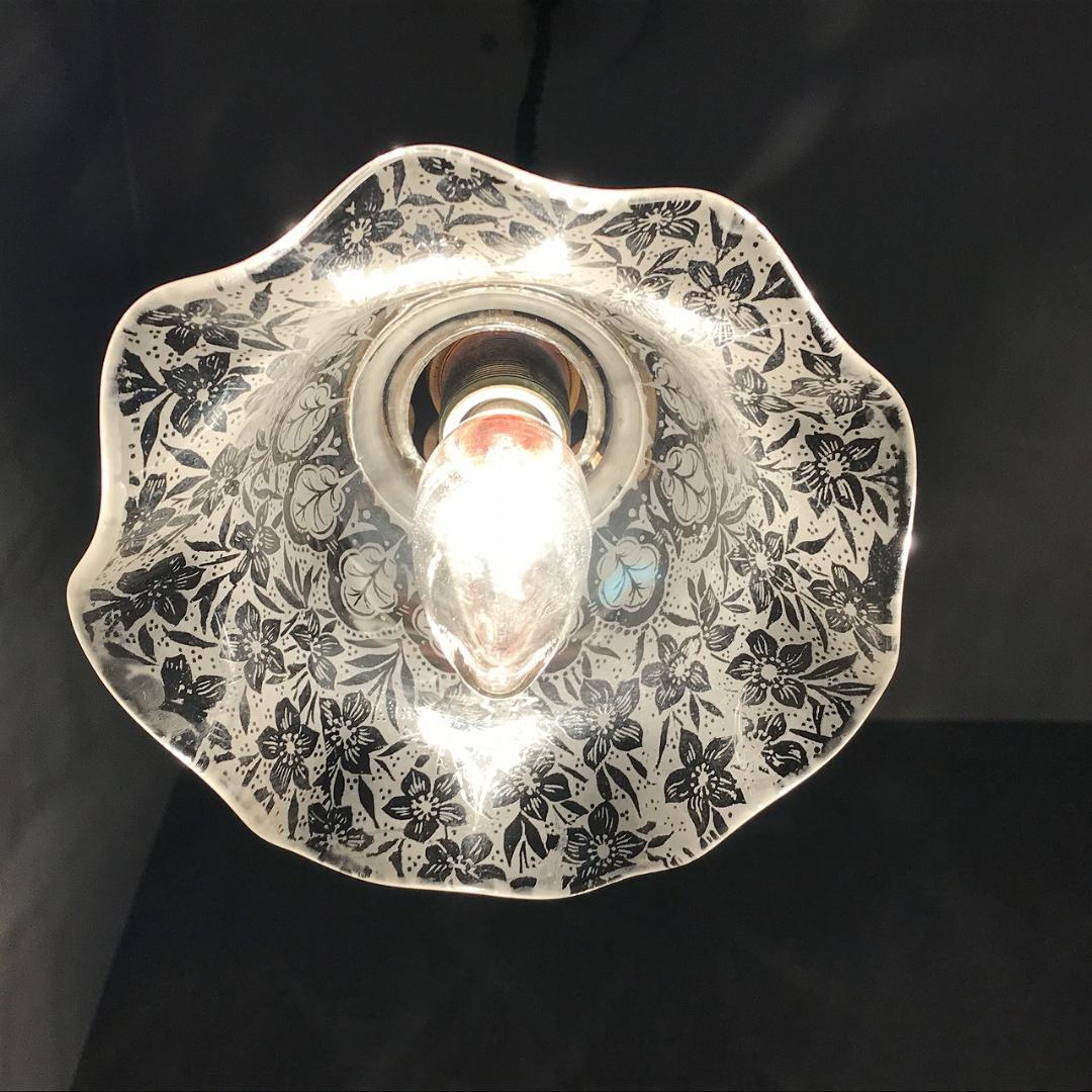 ③　英国アンティーク　エッチングガラス　ボタニカル　ランプシェード