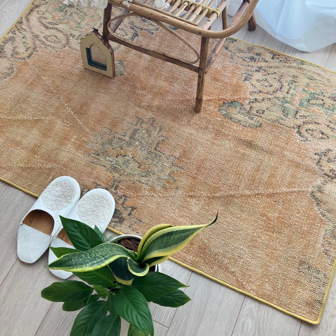 オレンジイエロー80×126グリーン　accentrug トルコヴィンテージラグ