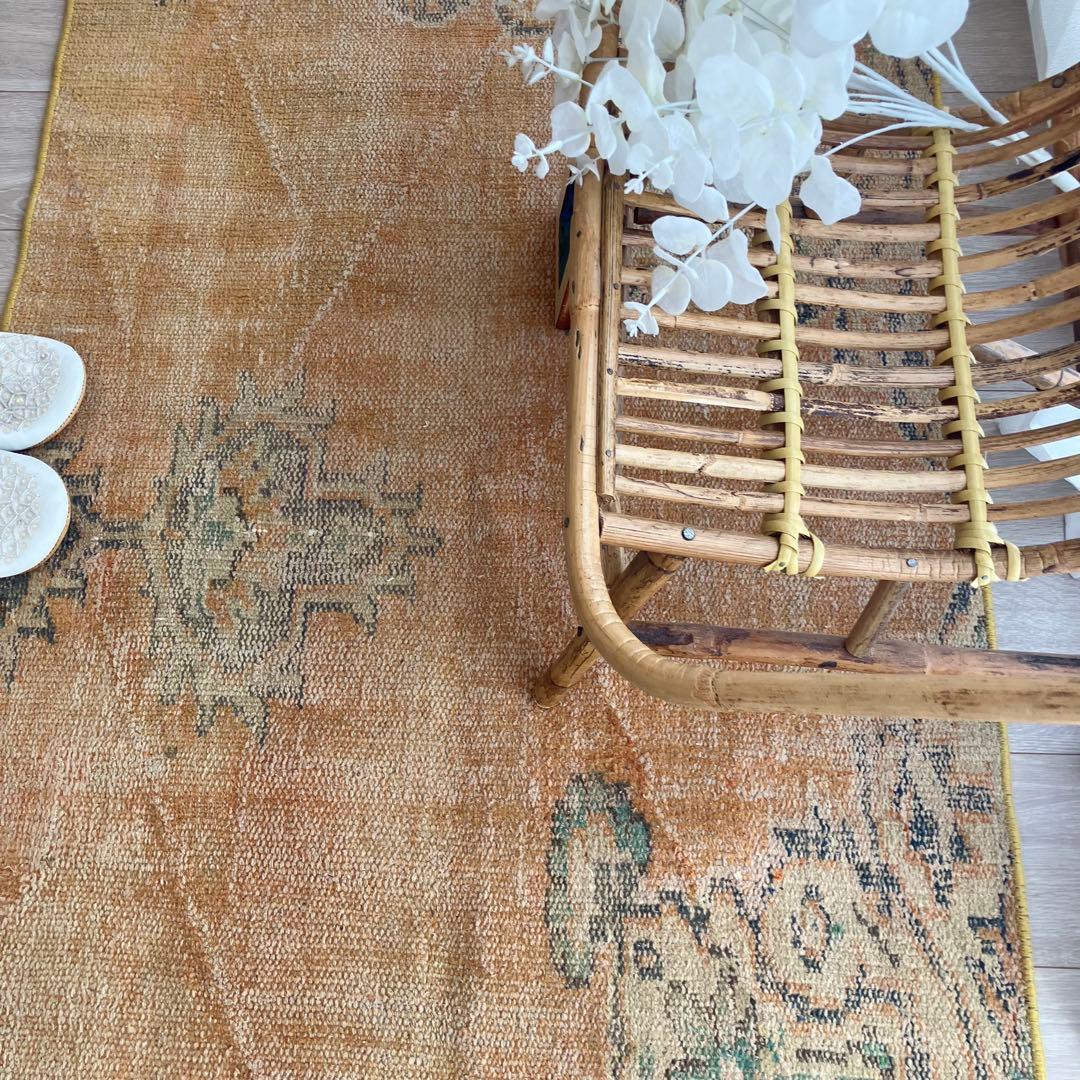 オレンジイエロー80×126グリーン　accentrug トルコヴィンテージラグ