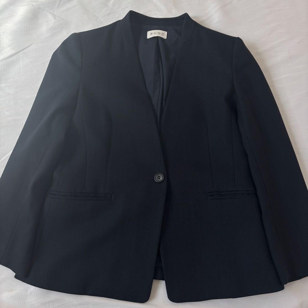 PLST ノーカラー セットアップ パンツスーツ Lサイズ 濃紺