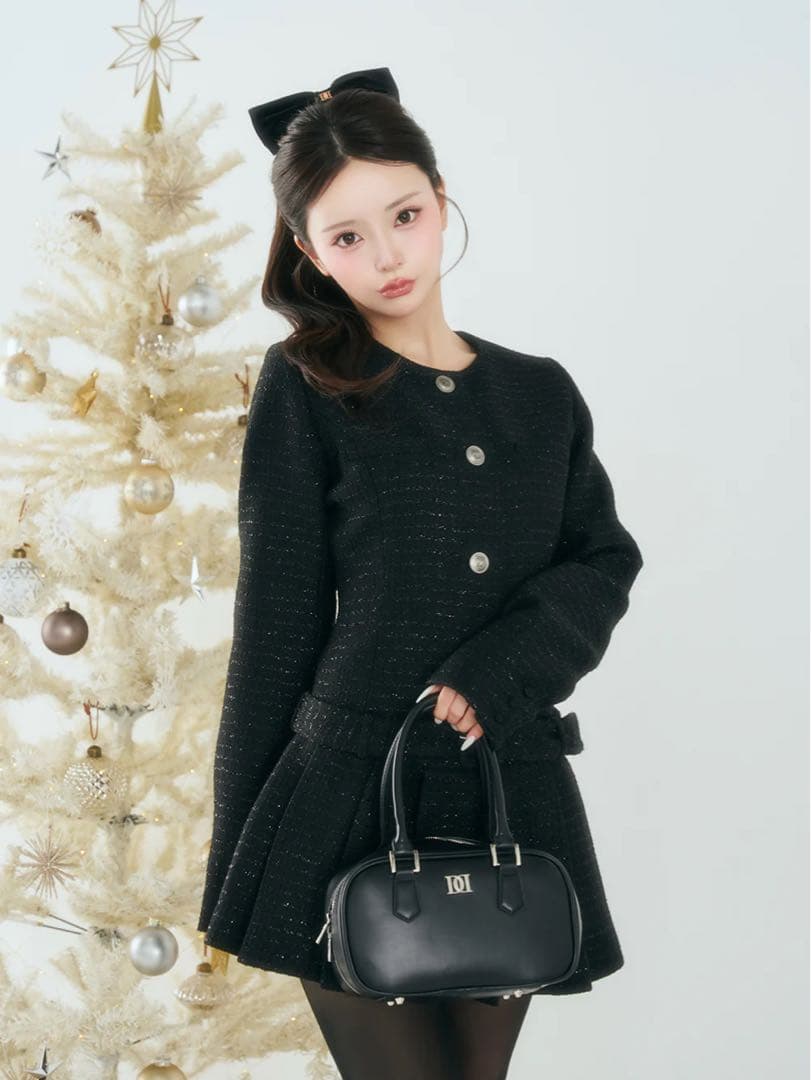 FL 黒 darich ダーリッチ ボックスプリーツツイードミニワンピース