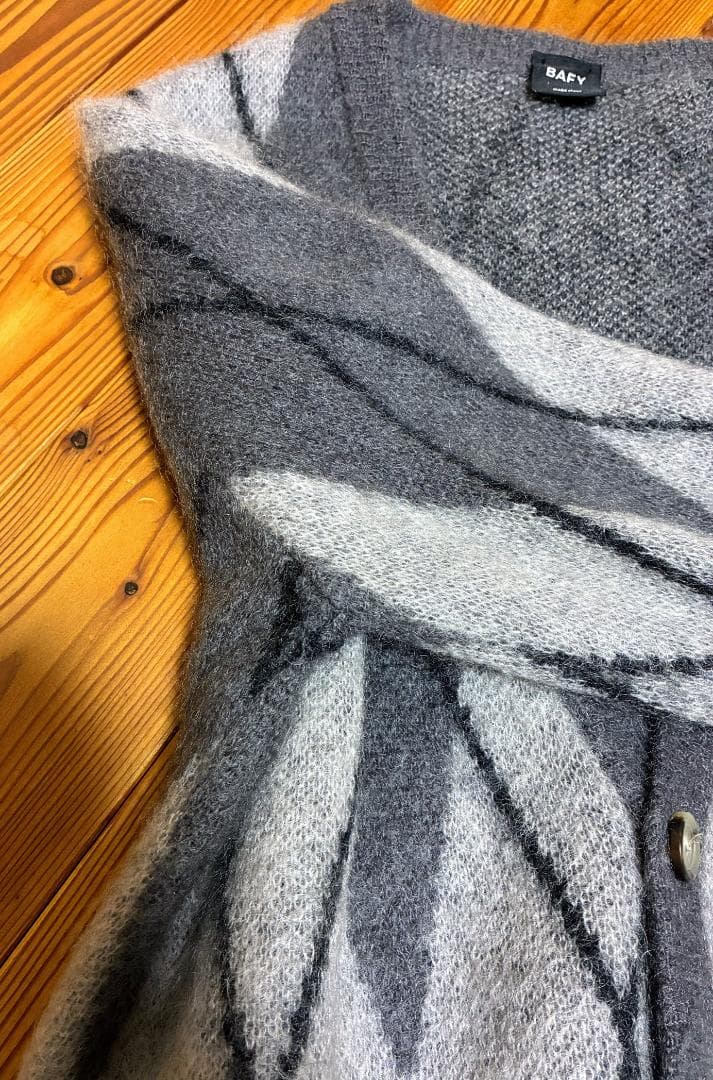 に*ょ様 BAFY モヘヤウールミドルゲージアーガイル柄ニットカーディガン 48