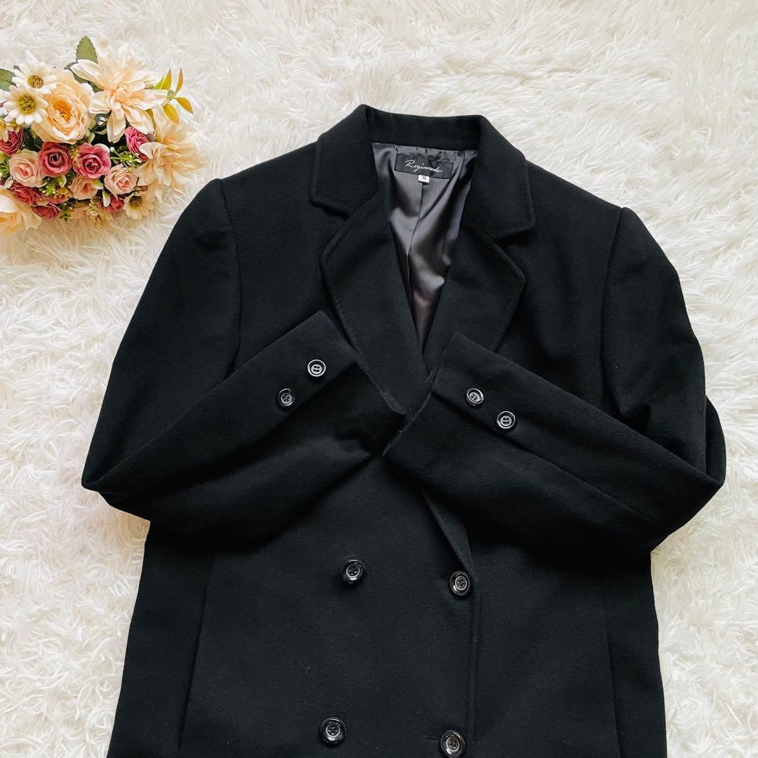 カシミヤ100％ ロングコート 黒 ダブル 前開き 9号 上品 シンプル