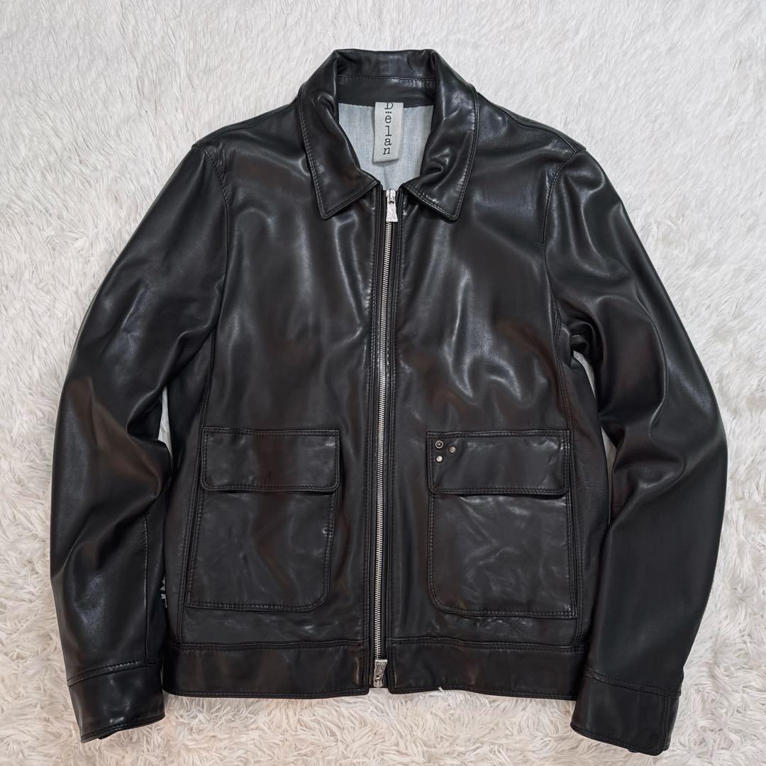 Delan シングル ライダース レザー ジャケット 襟付き Sサイズ 黒上質.