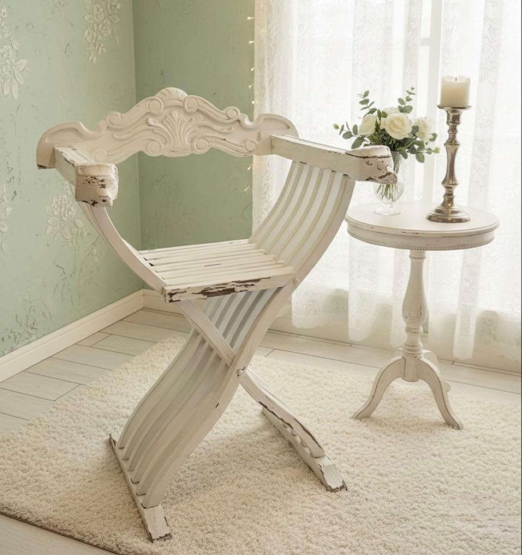 フランスアンティーク サボナローラチェア X脚 折りたたみ椅子 シャビーホワイト