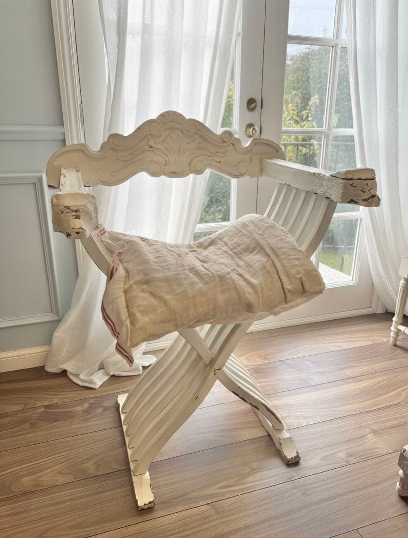 フランスアンティーク サボナローラチェア X脚 折りたたみ椅子 シャビーホワイト