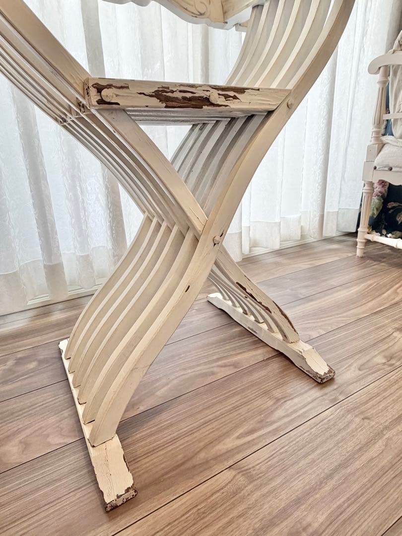 フランスアンティーク サボナローラチェア X脚 折りたたみ椅子 シャビーホワイト