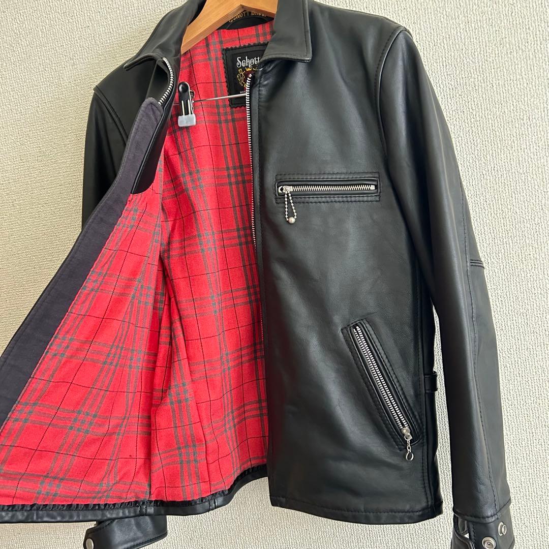 ●Schott ブラックレザーライダースジャケット チェック柄 牛革