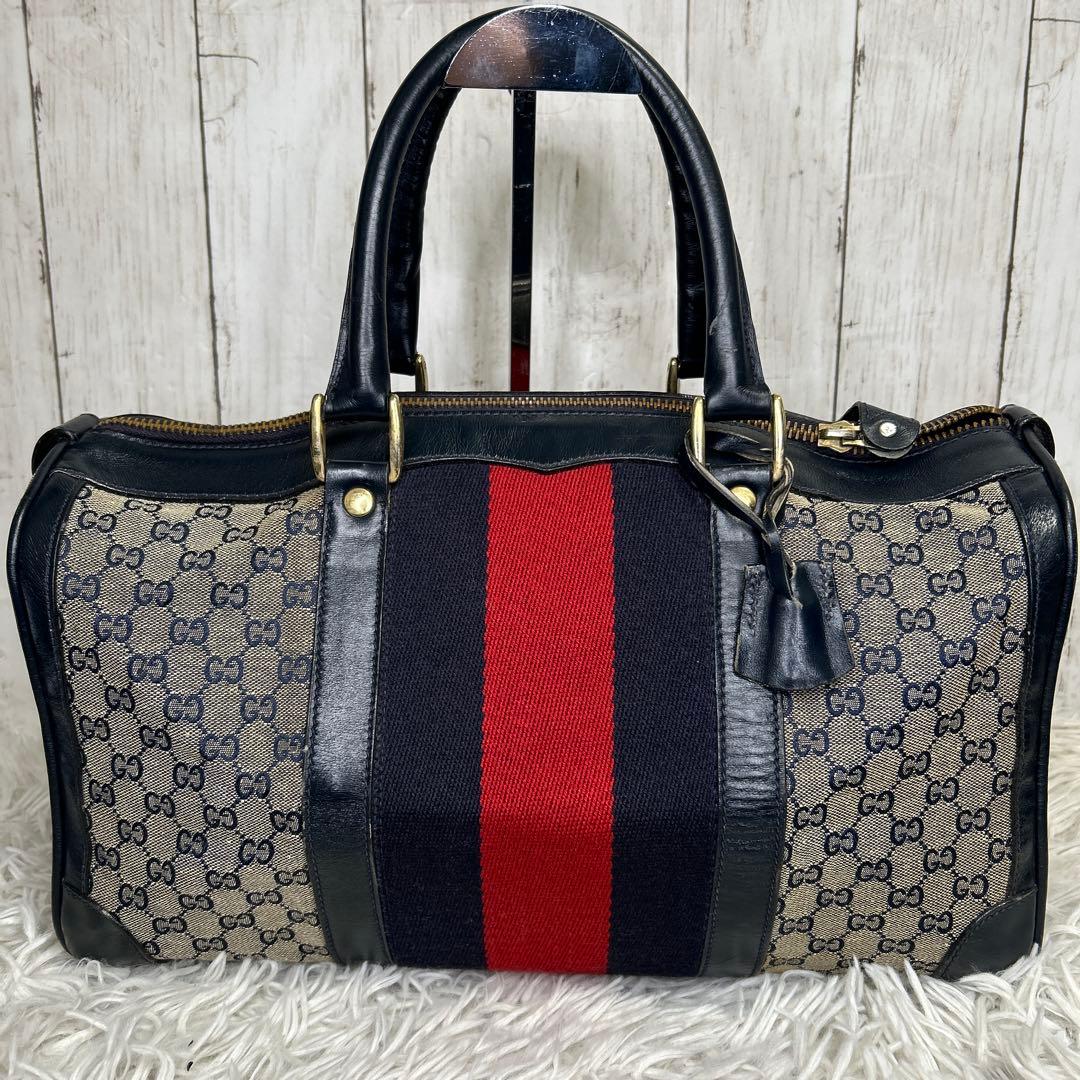 GUCCI GGキャンバス　シェリーライン　ボストンバッグ　ハンドバッグ　紺