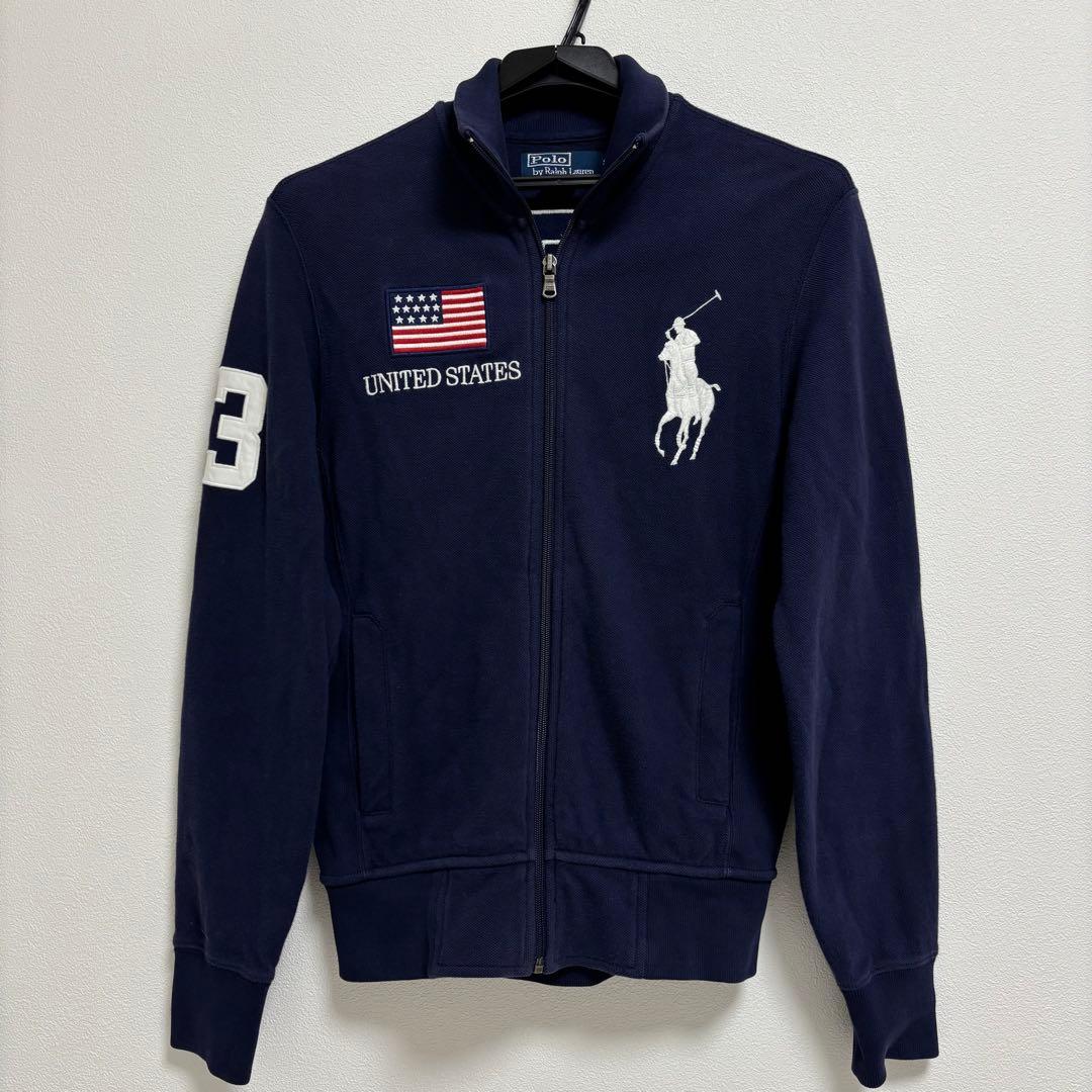 90sポロラルフローレン ネイビー ジップアップ スウェット アメリカ 国旗