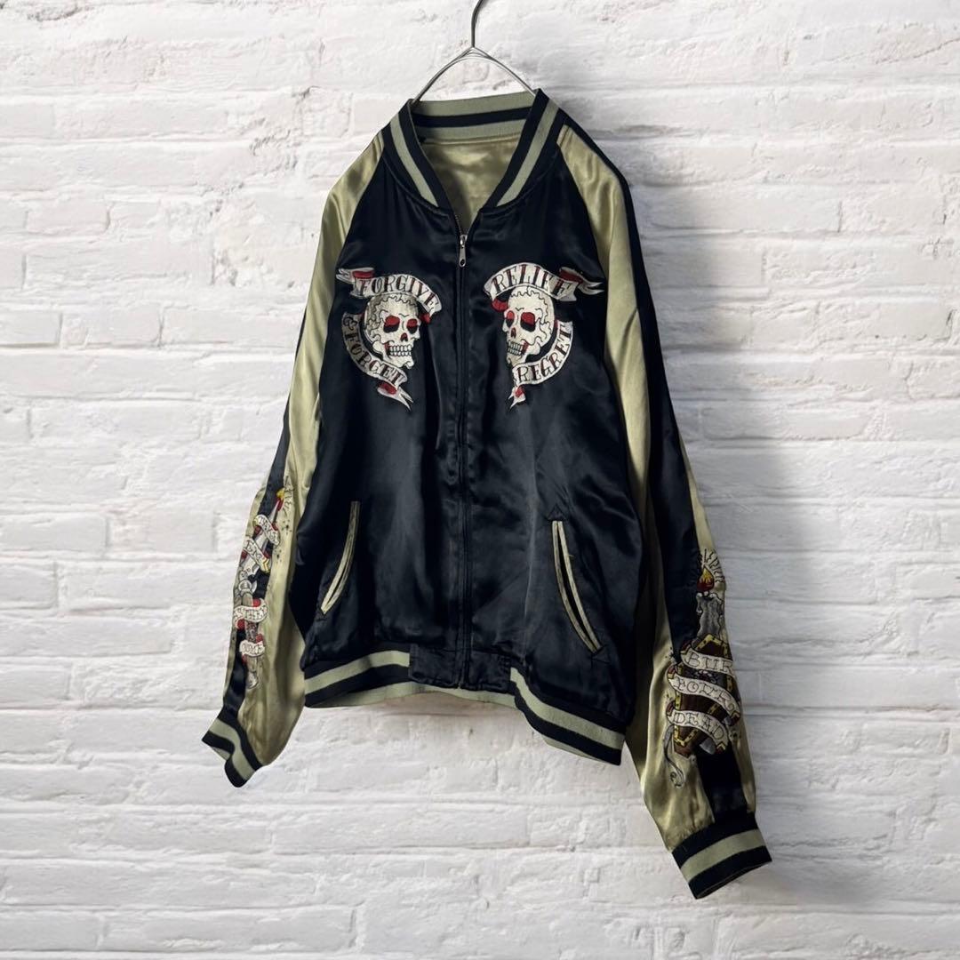 古着　スカジャン　ブルゾン　ジャケット　リバーシブル　スカル　刺繍　黒　金