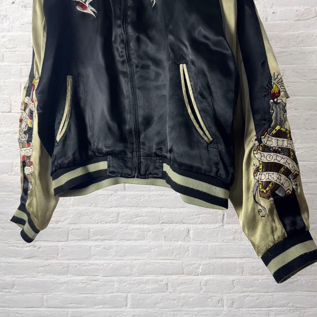 古着　スカジャン　ブルゾン　ジャケット　リバーシブル　スカル　刺繍　黒　金