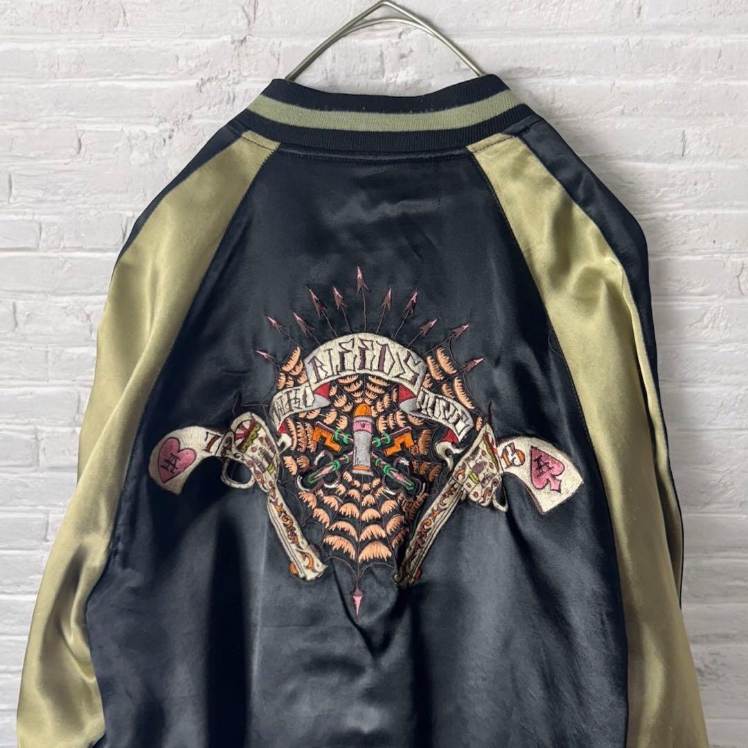 古着　スカジャン　ブルゾン　ジャケット　リバーシブル　スカル　刺繍　黒　金