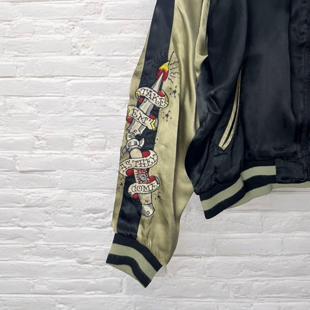 古着　スカジャン　ブルゾン　ジャケット　リバーシブル　スカル　刺繍　黒　金