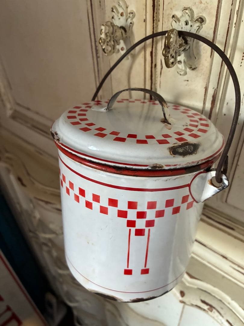 フランス　アンティーク　ホーロー　ストッカー　キャニスター　ダミエ　市松　レア