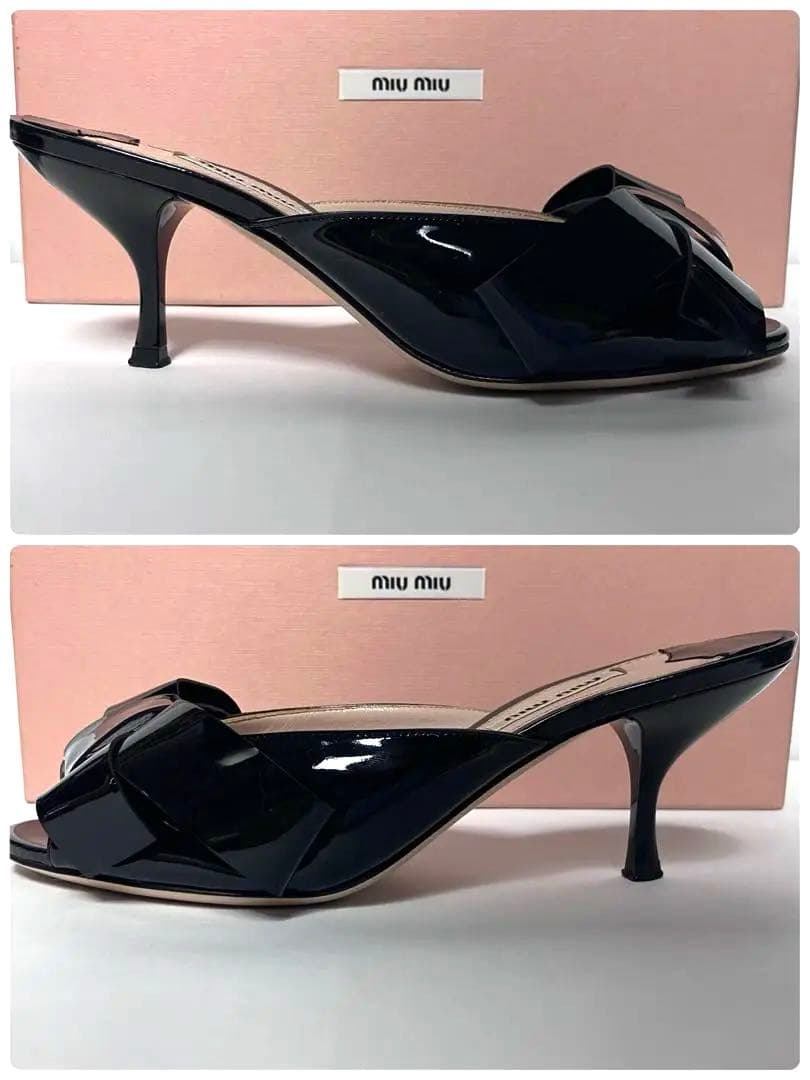 ミュウミュウ リボンサンダル パテントレザー ミュール 箱付き ブラック