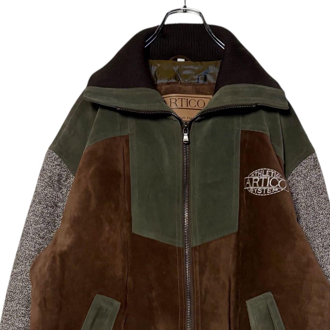 イタリア製 スエードレザージャケット 茶色×緑 XL 切り替えウールブルゾン