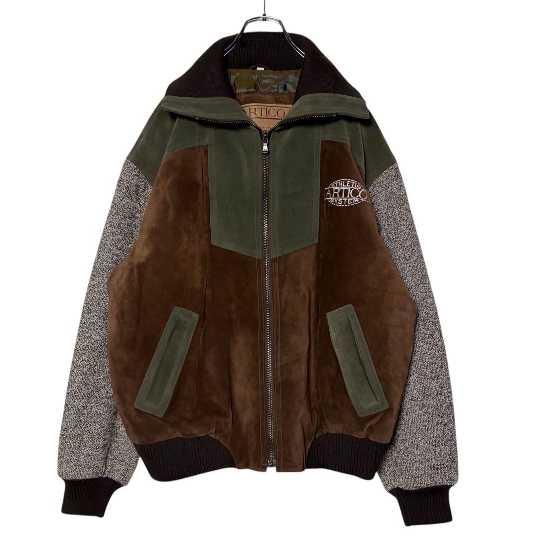 イタリア製 スエードレザージャケット 茶色×緑 XL 切り替えウールブルゾン