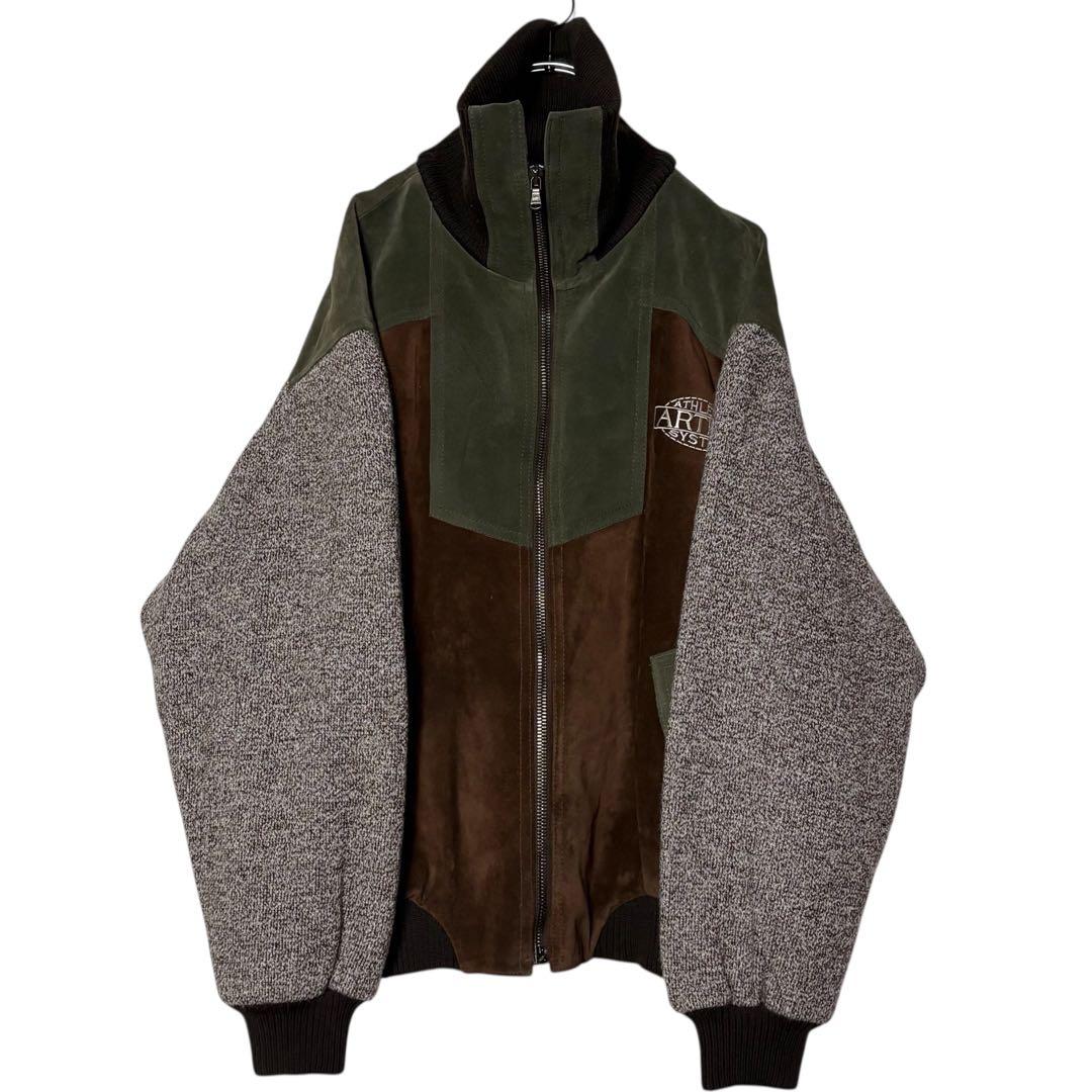 イタリア製 スエードレザージャケット 茶色×緑 XL 切り替えウールブルゾン