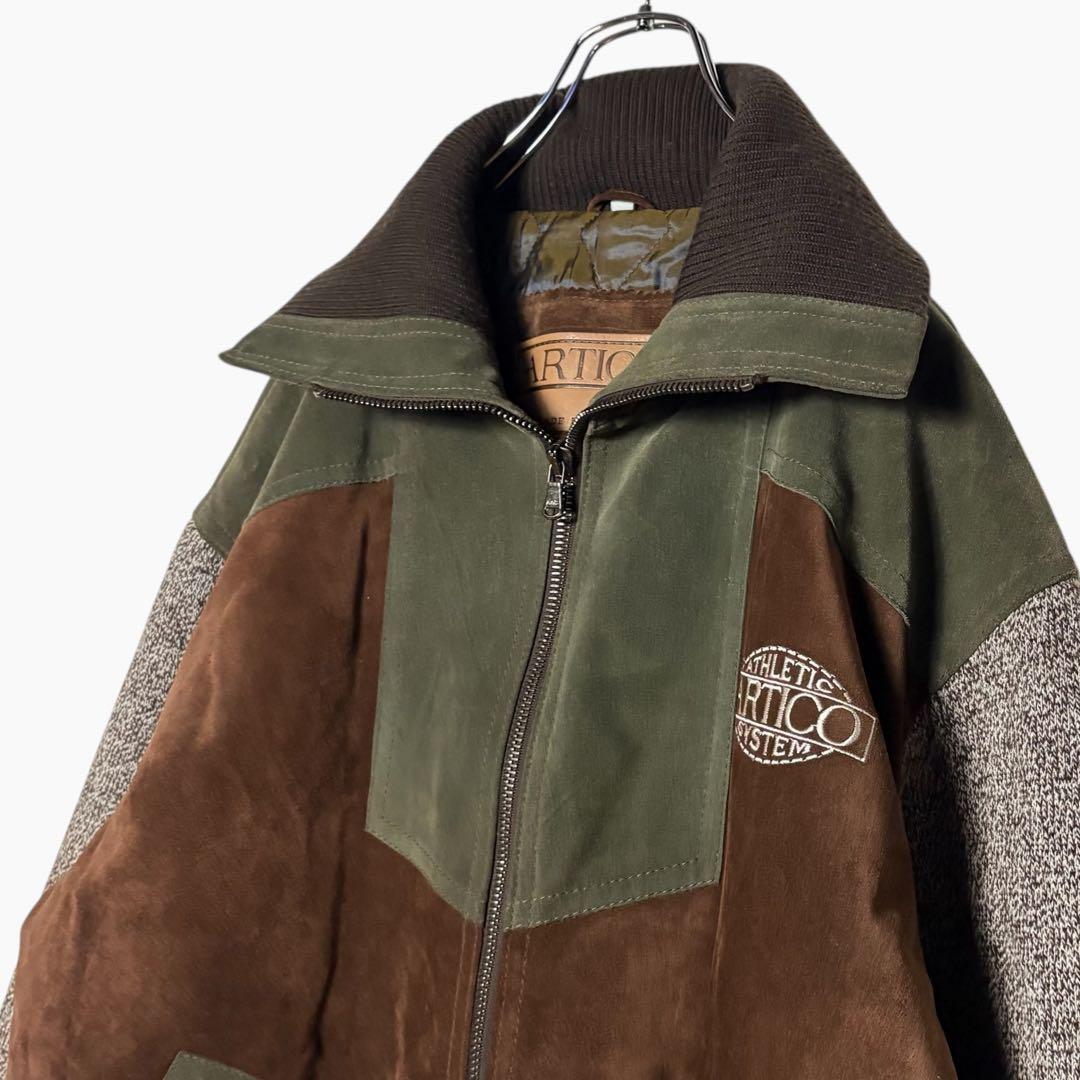 イタリア製 スエードレザージャケット 茶色×緑 XL 切り替えウールブルゾン