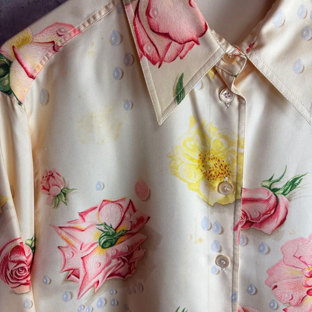 HERMES エルメス シルク100% シャツ 42 バラの雫　アイボリー