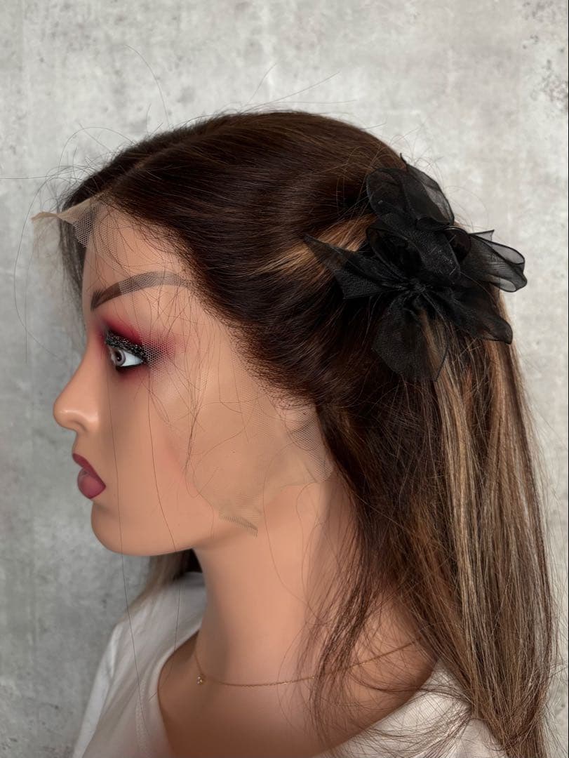 【新品】人毛100%フルウィッグ｜ブラウンハイライト｜自然なもみあげ｜ロング