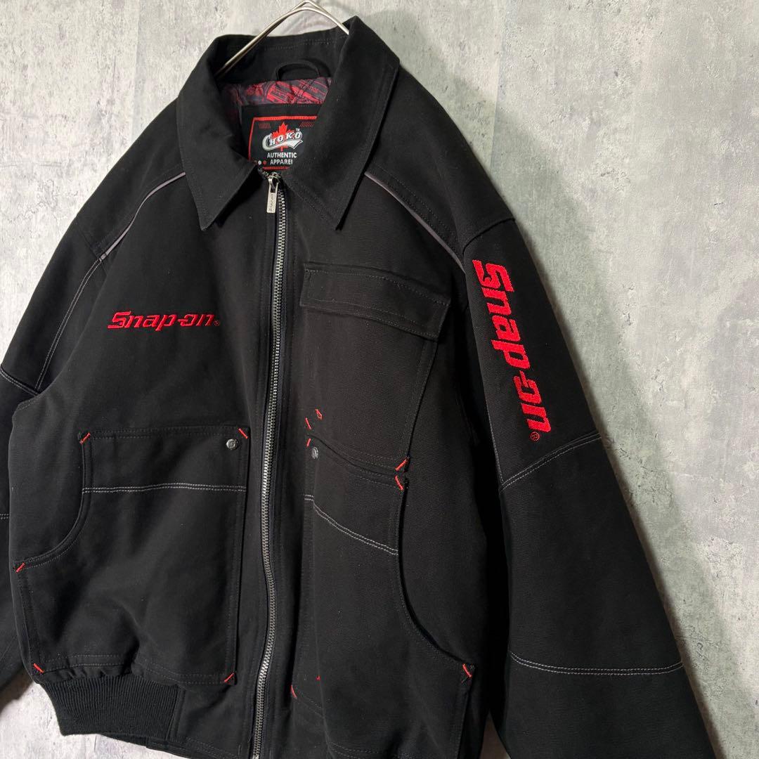 極美品 snap on ワークジャケット 刺繍ロゴ 中綿キルティング 黒 赤