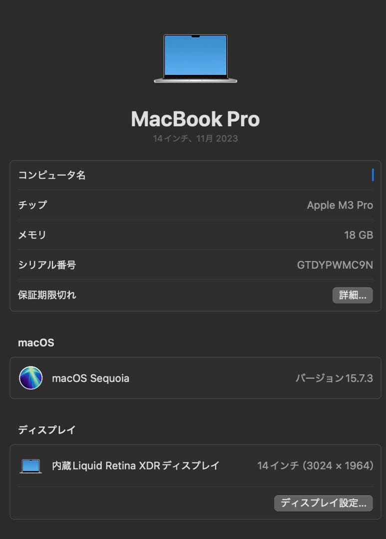 【超美品】14インチ MacBookProM3Proシルバー18GB 512GB