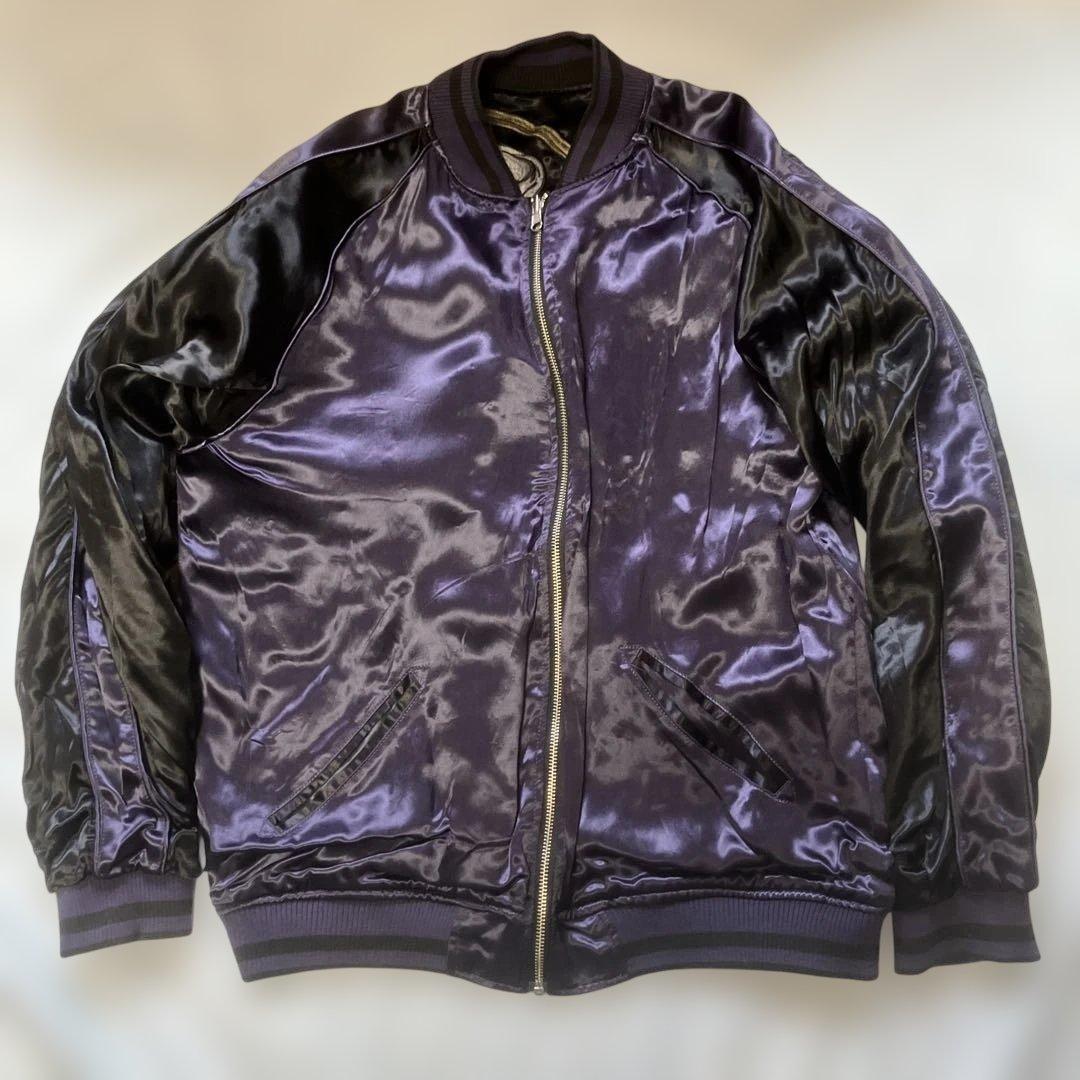 赤青　美品　絡繰魂　風神雷神　刺繍入りスカジャン 黒と紫　XL