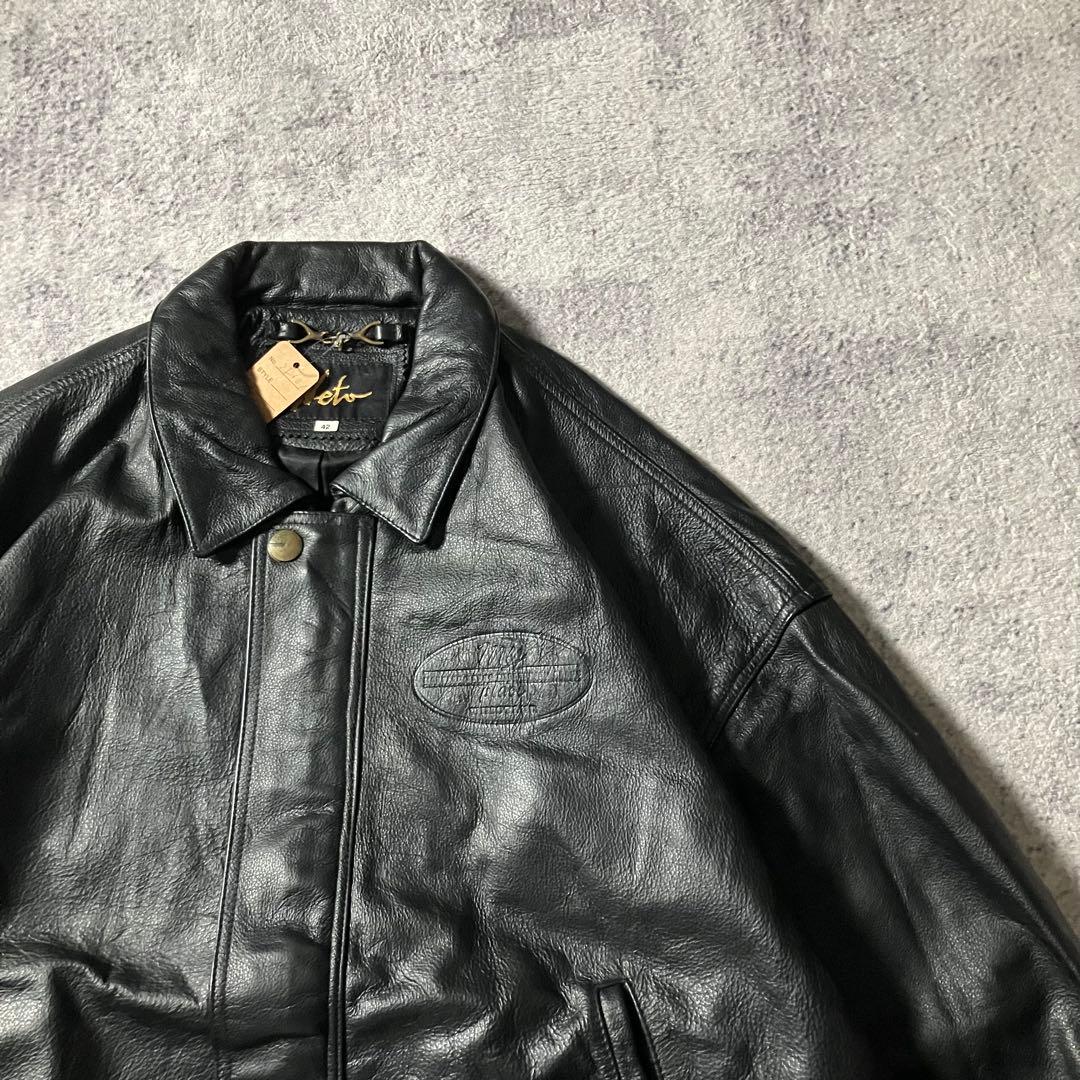 90sKETAカナダ製本革レザージャケットフライト短丈黒型押しロゴブラック
