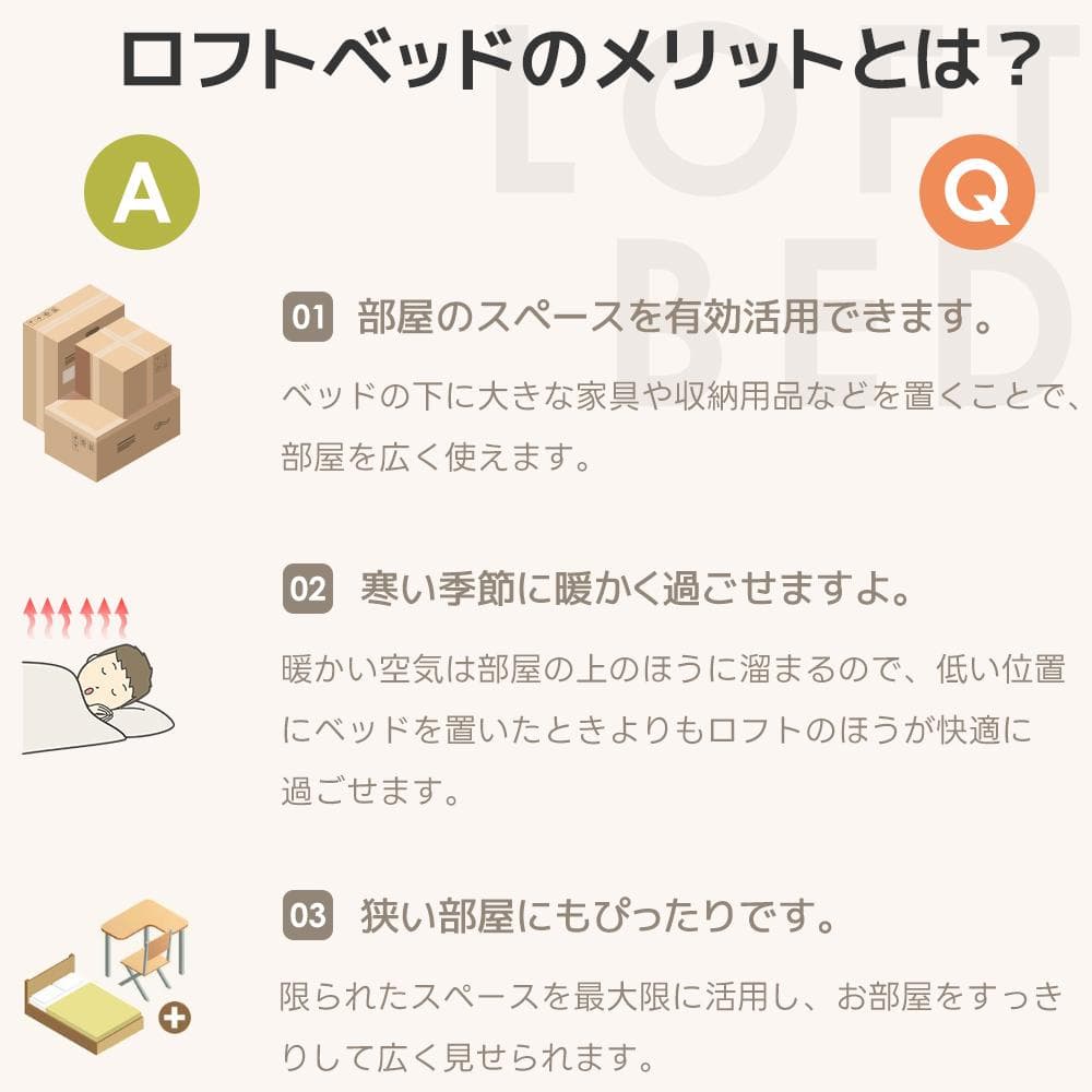 ロフトベッド　移動可能デスク付き　シングルサイズ　コントロール棚付き　WHITE