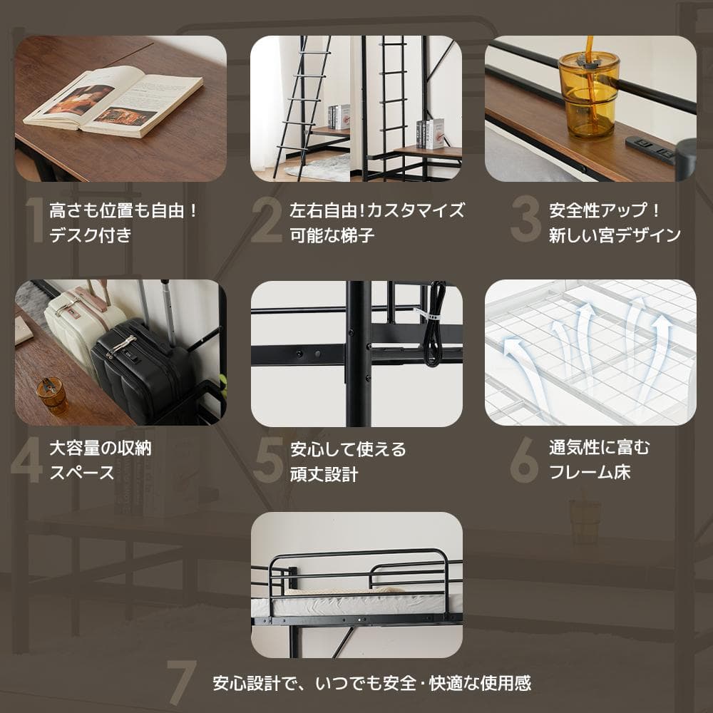 ロフトベッド　移動可能デスク付き　シングルサイズ　コントロール棚付き　WHITE