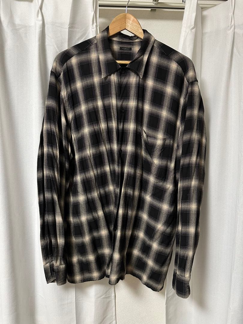 COMOLI (コモリ) レーヨンチェック オープンカラーシャツ　3