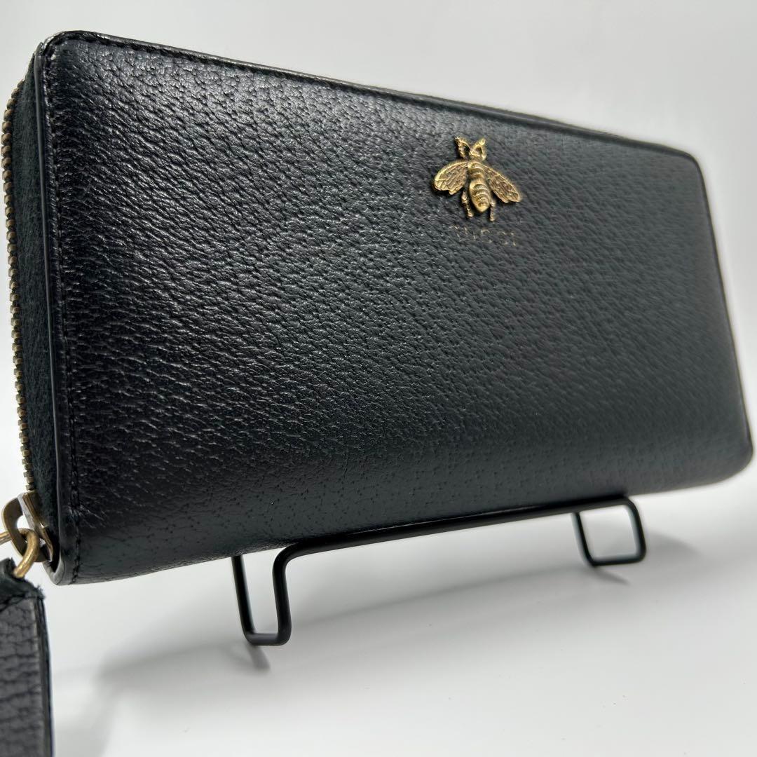 【GUCCI】長財布 メタルビー 蜂 ラウンドファスナー アニマリエ レザー 黒