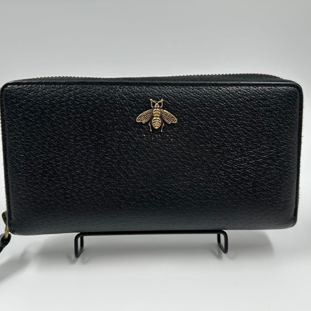 【GUCCI】長財布 メタルビー 蜂 ラウンドファスナー アニマリエ レザー 黒