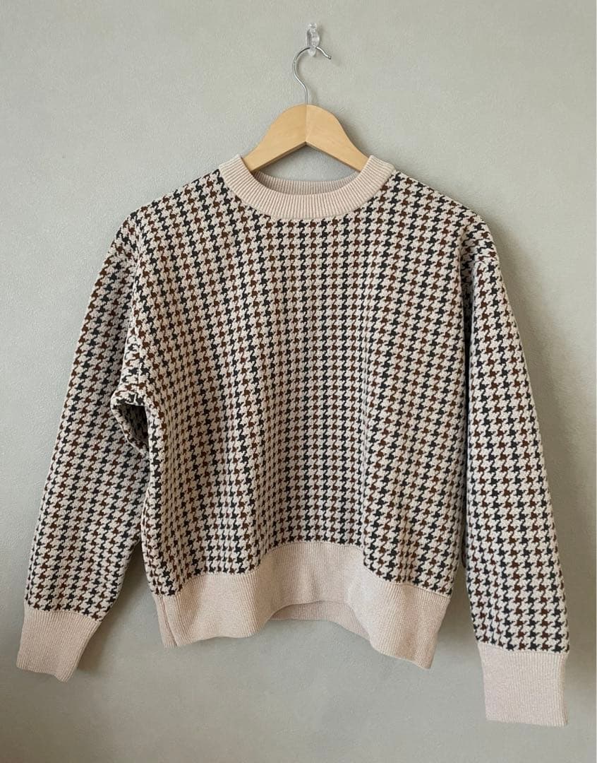 SHIPSany 手洗い可モールヤーン クルーネック ロゴ 千鳥柄 プルオーバー