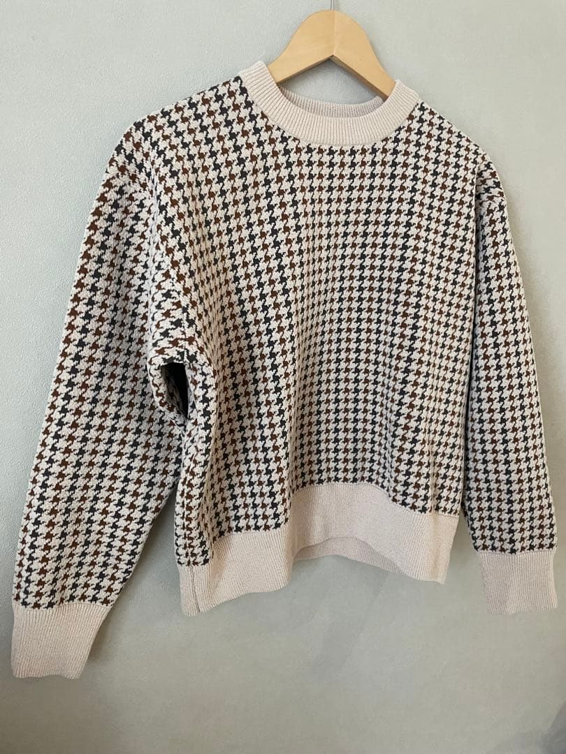SHIPSany 手洗い可モールヤーン クルーネック ロゴ 千鳥柄 プルオーバー