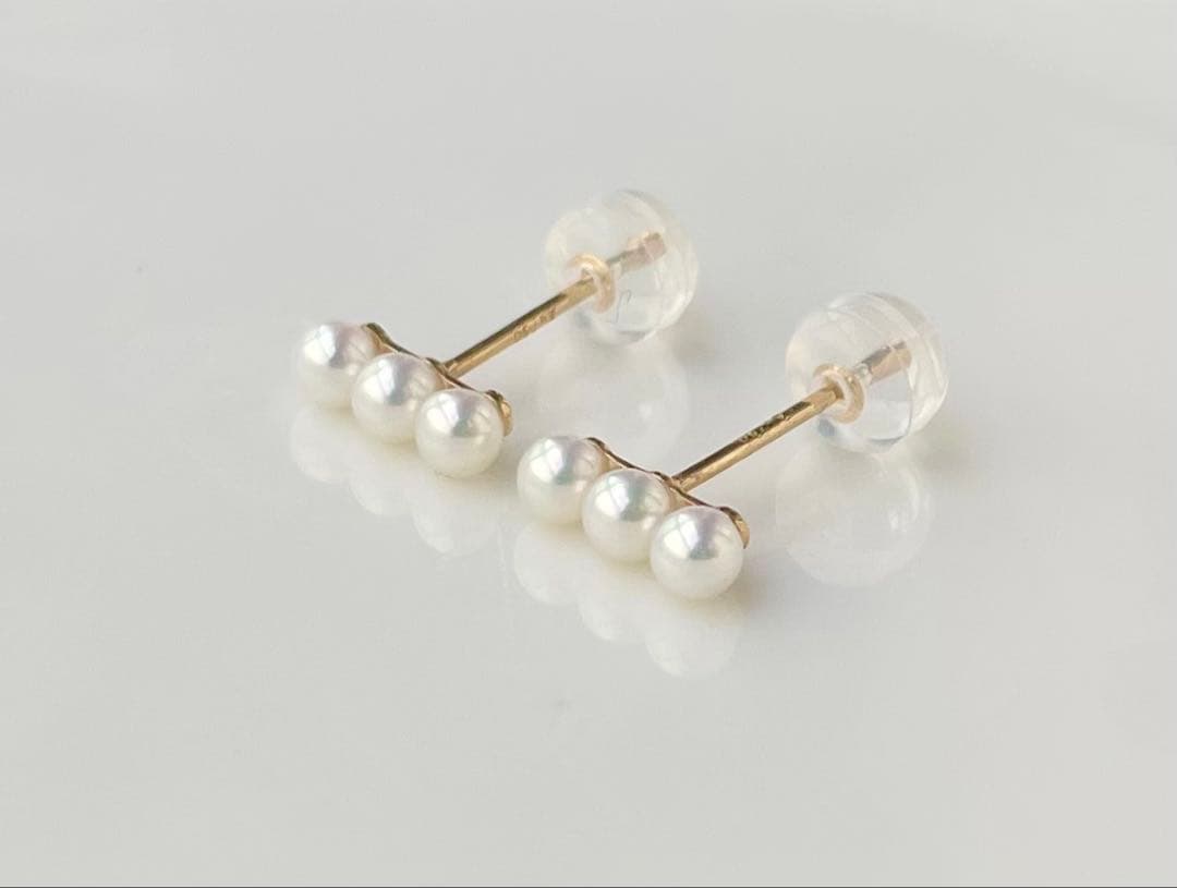 ミラー調本真珠 ほぼ無傷 k18 18金 ミニマルデザイン ピアス 一点物