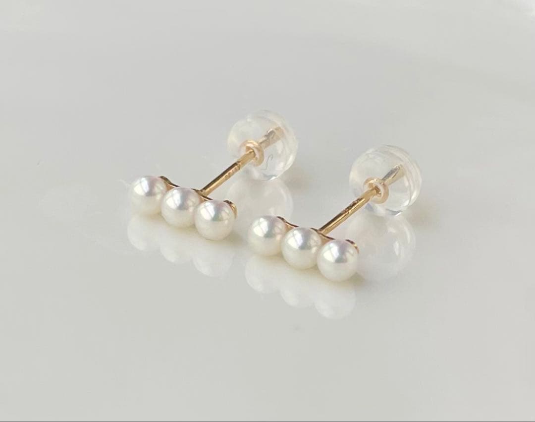 ミラー調本真珠 ほぼ無傷 k18 18金 ミニマルデザイン ピアス 一点物