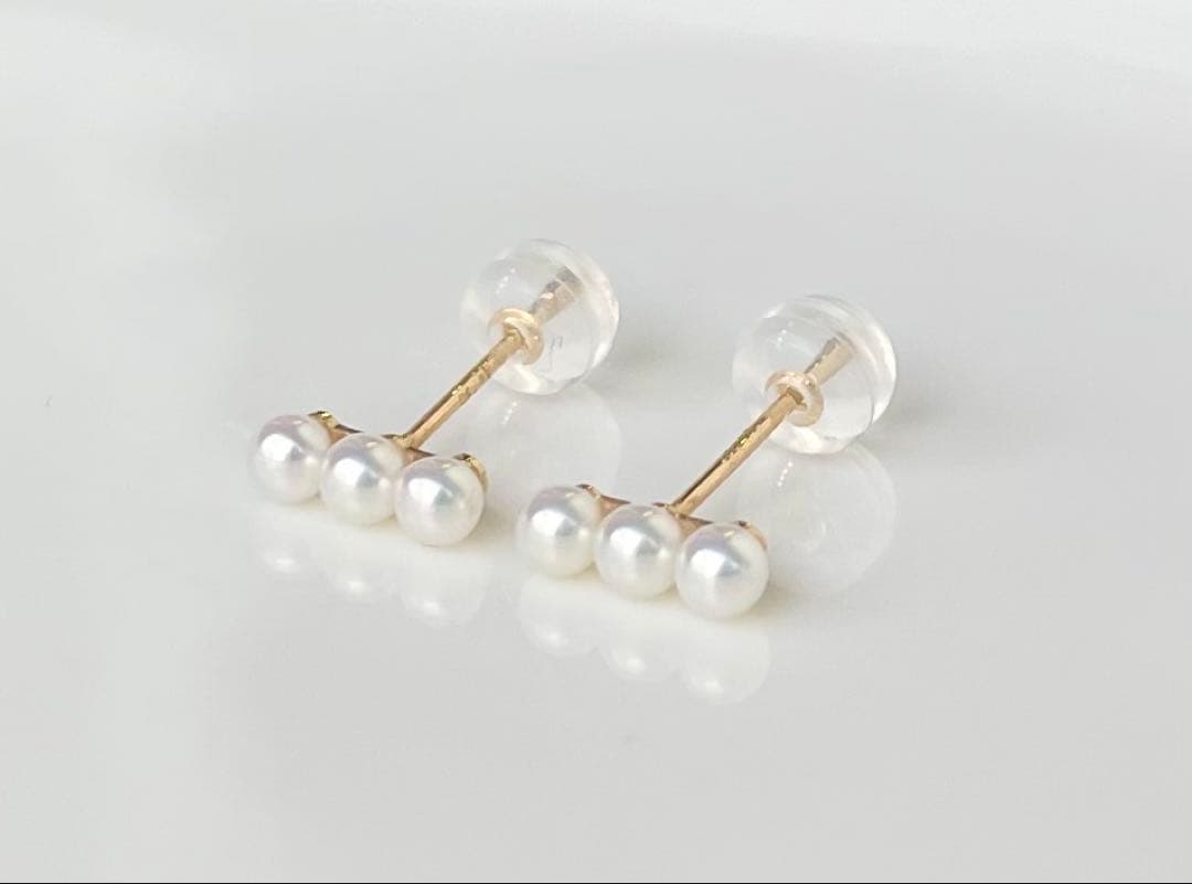 ミラー調本真珠 ほぼ無傷 k18 18金 ミニマルデザイン ピアス 一点物
