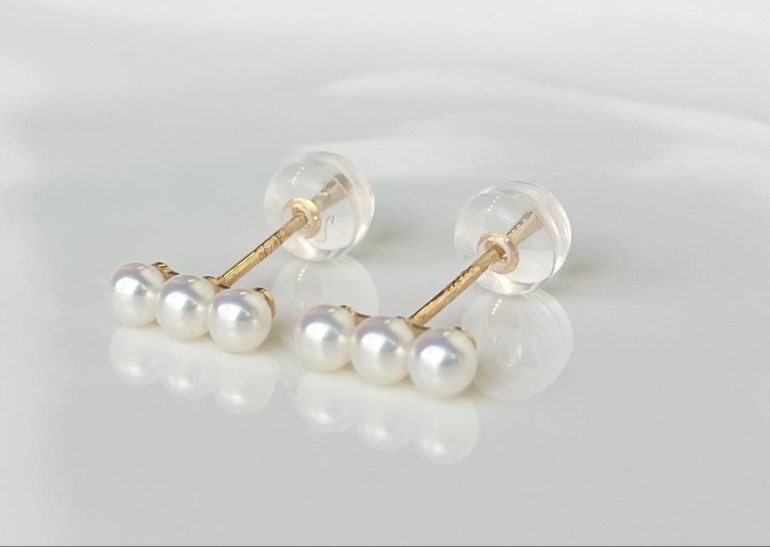 ミラー調本真珠 ほぼ無傷 k18 18金 ミニマルデザイン ピアス 一点物