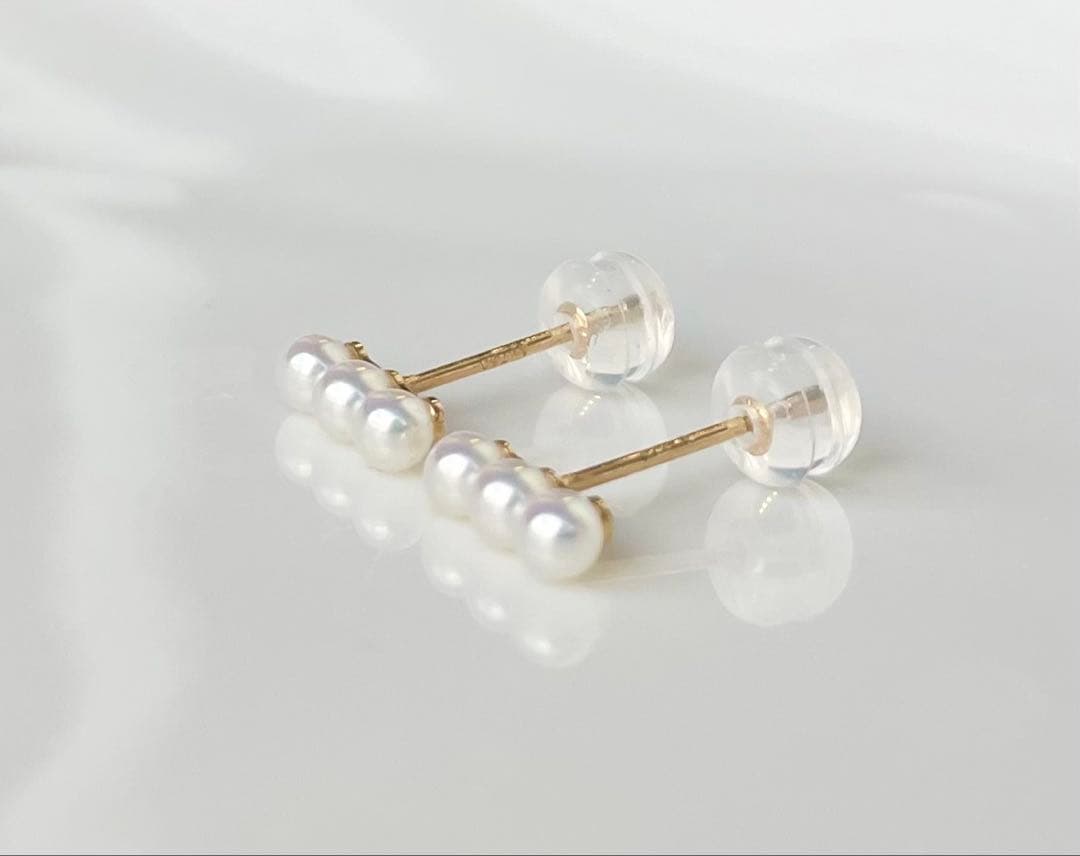 ミラー調本真珠 ほぼ無傷 k18 18金 ミニマルデザイン ピアス 一点物
