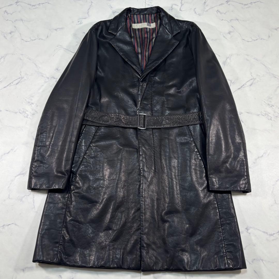 鹿革 ディアスキン レザー チェスターコート 黒ベルト 裏地総柄 Lサイズ